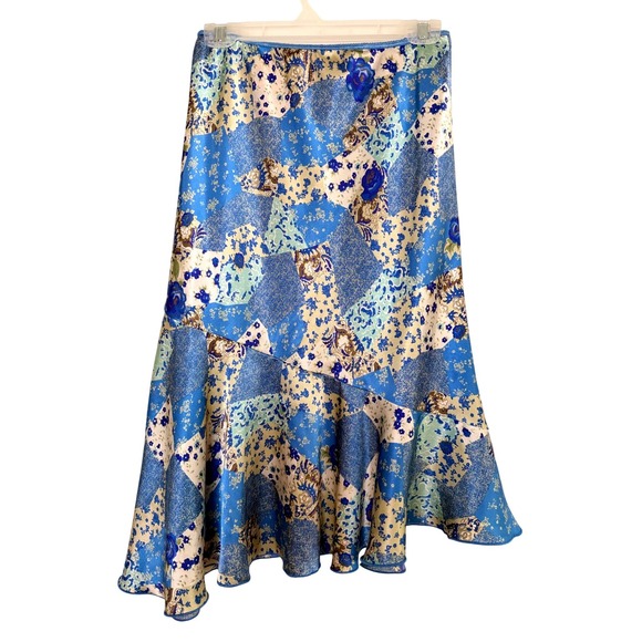 Floral Patchwork Satin Midi Skirt Size Large Flowy Boho Cottage Whimsical Fairy - Picture 2 of 8